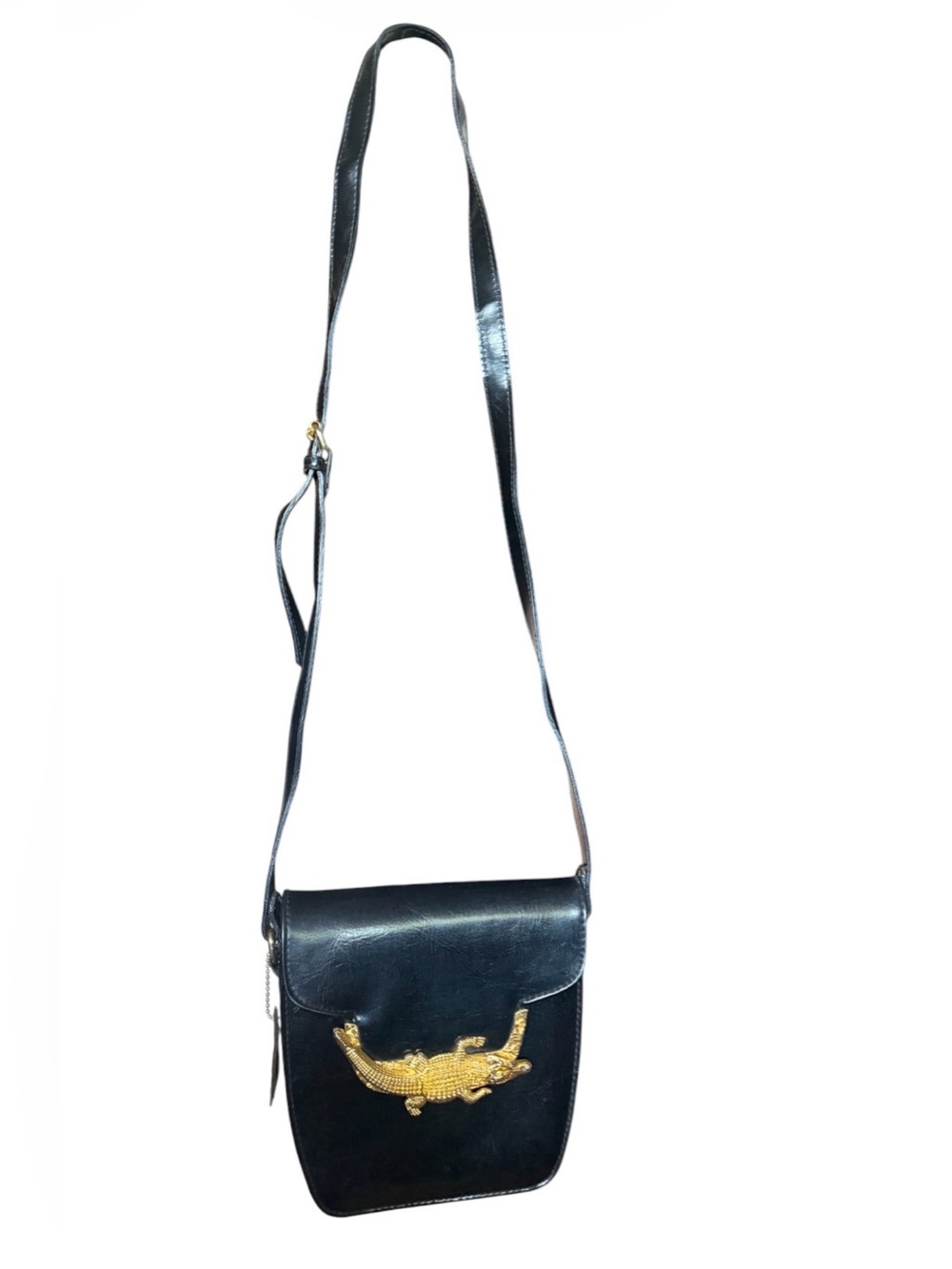 Black Leather Woman’s Crossbody Bag with Gold Crocodile Accent